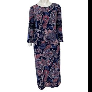 Glamour Floral Textured Print Crochet Bell Sleeve Shift Midi Dress Navy